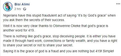 Obinwanne Okeke has shown that God's Grace is another word for 419 - Bisi Alimi