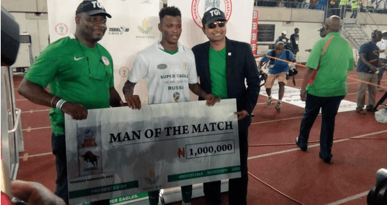 Super Eagles defender, Shehu Abdullahi voted Man of the Match, wins N1m and 10 Bags of Rice