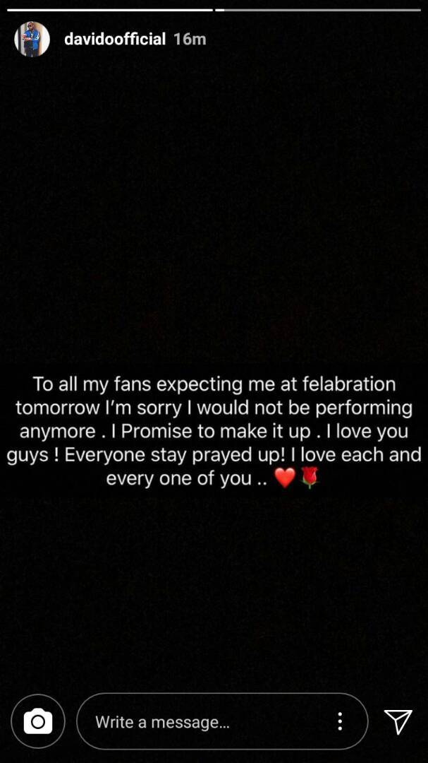 Davido Cancels Felabration Performance Today In Honour Of His Late Friends.