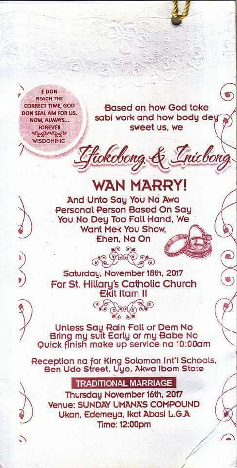 Akwa-Ibom Couple's wedding invitation card written in Pidgin English