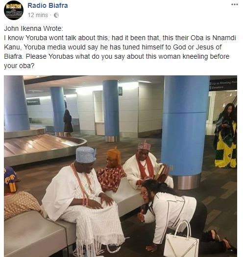 IPOB member reacts to photo of a woman prostrating before Ooni of Ife