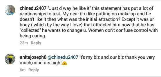 'Mind your business' - Anita Joseph Fires Back At Fan For Questioning Her Man's No Makeup Rule