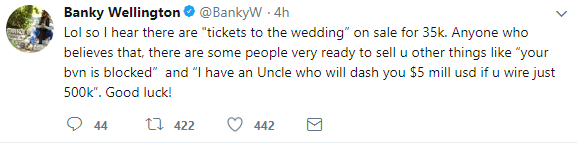 Banky W Debunks Rumour Of N35,000 Wedding Tickets