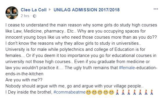 'Universities should be for males only, while polytechnic and college of education for females' - Nigerian Boy
