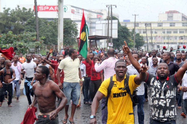 The Indigenous People of Biafra on a Peaceful Protest over the Arrest of the Director of Radio Biafra yesterday along Ikwerre road in Port Harcourt, Rivers State.