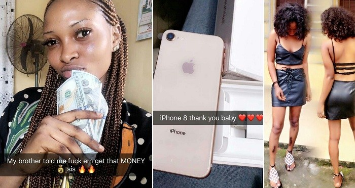 'My Brother Told Me To F*ck Them And Get That Money' - Nigerian Lady Flaunts Dollars and iPhone 8