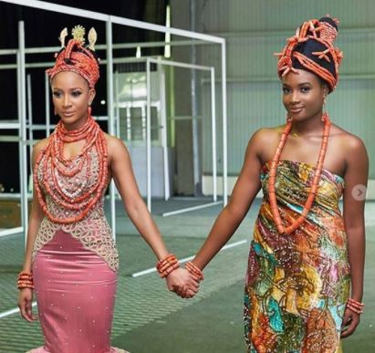 Edo Tradition: Adesua Etomi pictured with her 'fake bride' + Photos of Her Parents.