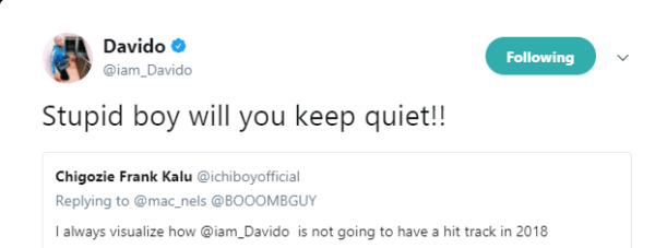 'Stupid boy' - Davido slams follower who said he won't have a hit song in 2018