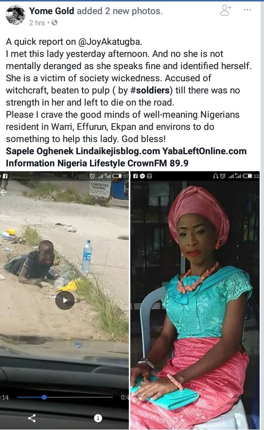 Lady Accused Of Being A Witch In Sapele, Gets Allegedly Beaten By Soldiers And Left For Dead On The Streets. (Photos)