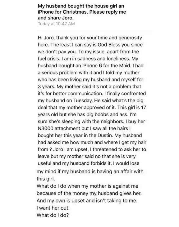 My husband bought an iPhone 6 for our housemaid - Nigerian woman cries out