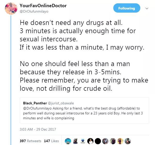 'If You Release In 3 - 5 Mins During S3x, You Shouldn't Feel Less Of A Man' - Nigerian Doctor Says.