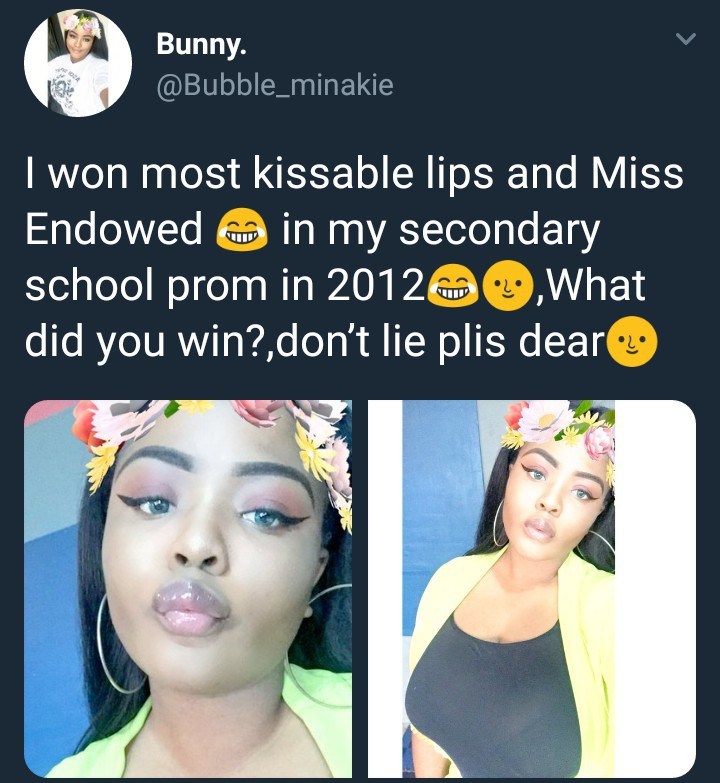 Nigeria lady brags about winning most kissable lips and most endowed at her school prom