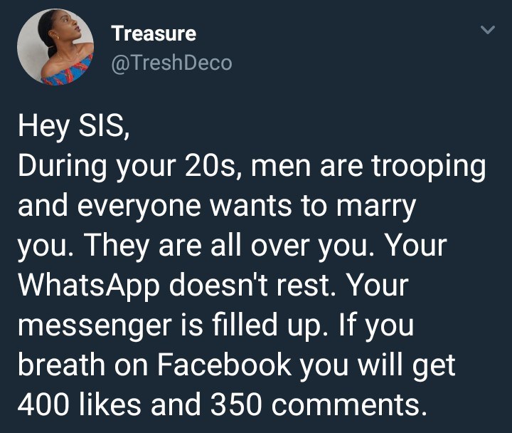 Nigerian lady stirs controversy with her tweets about women who 'waste' their 20s and get desperate for marriage later on