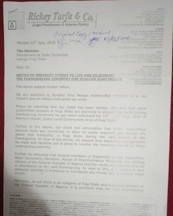 Notice of threat to my life and this program sent to Director DSS Kogi State by my Lawyer Ricky Tafa (SAN) No action