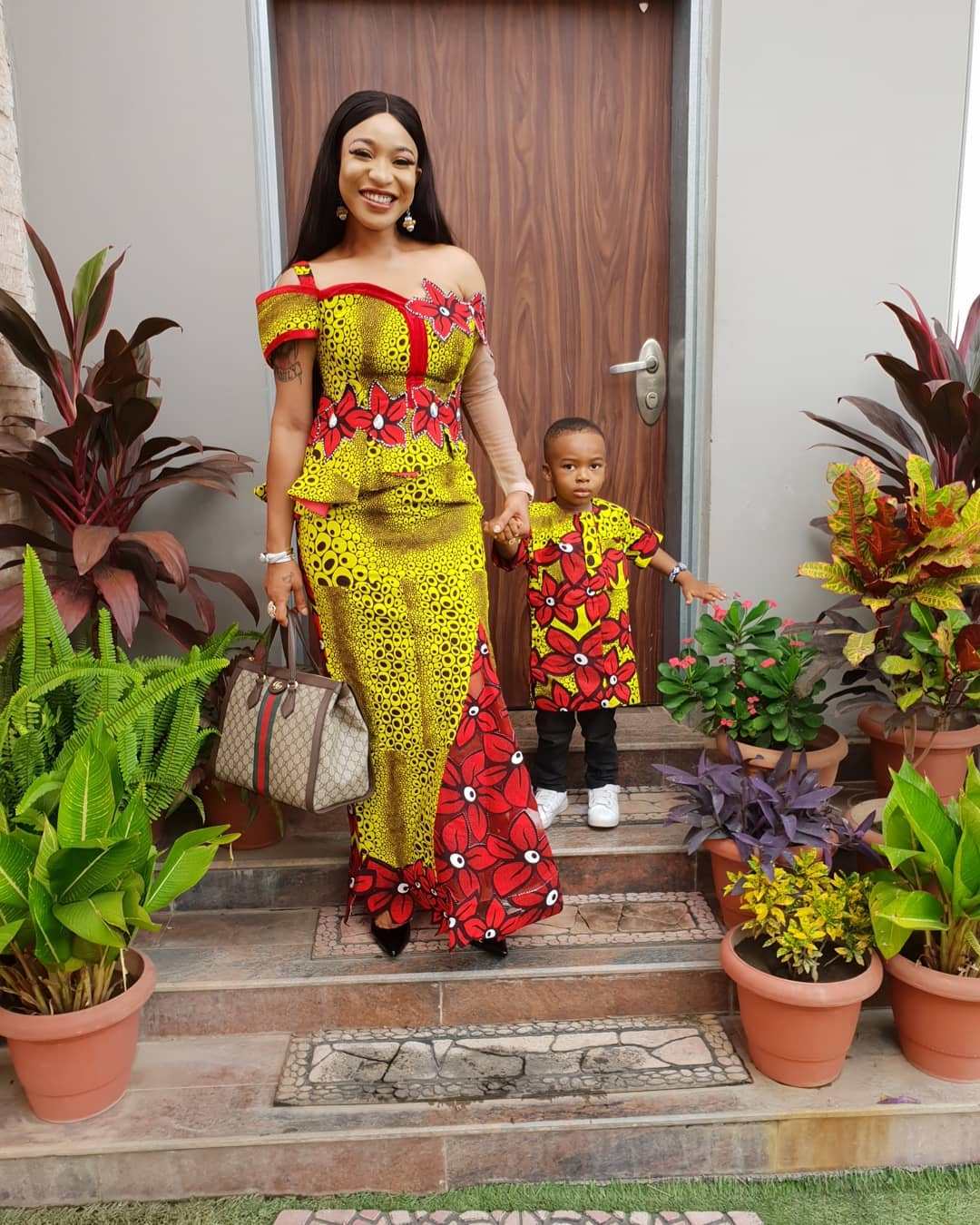 Tonto Dikeh and Son twinning for Sunday Service