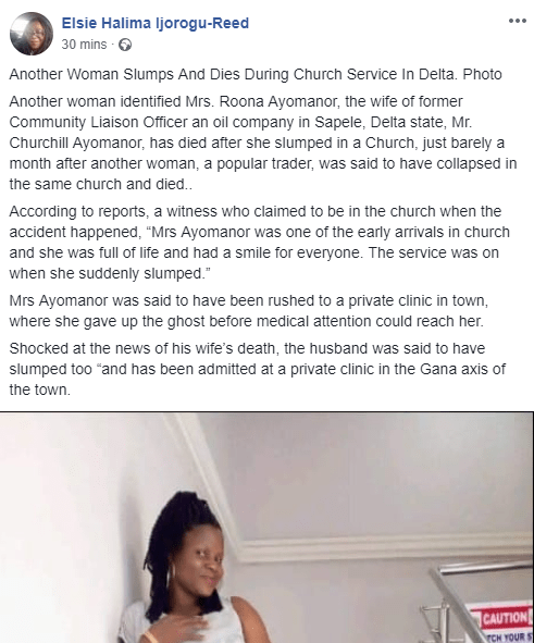 Another woman slumps and dies during Service in same church in Delta State