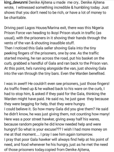 Gala seller melts hearts online after giving free snacks to prisoners in a van stuck in Lagos traffic