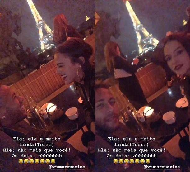 Neymar and his girlfriend, Bruna Marquezine pose in front of Eiffel Tower during romantic night out (Photos/Video)