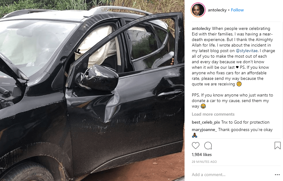 Anto survives car crash, shares photos of her wrecked car