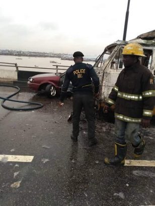 Fully loaded bus catches fire on Third Mainland Bridge, no life lost