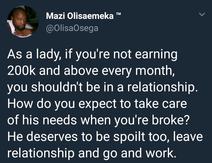 Nigerian man says 'Ladies who earn below 200k monthly shouldn't be in a relationship'