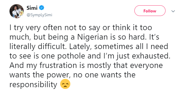 'Being Nigerian is so hard and literally difficult' - Singer, Simi laments