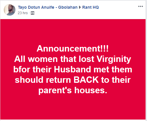 'Women who didn't marry as virgins should return to their parent's house' - Nigerian man declares