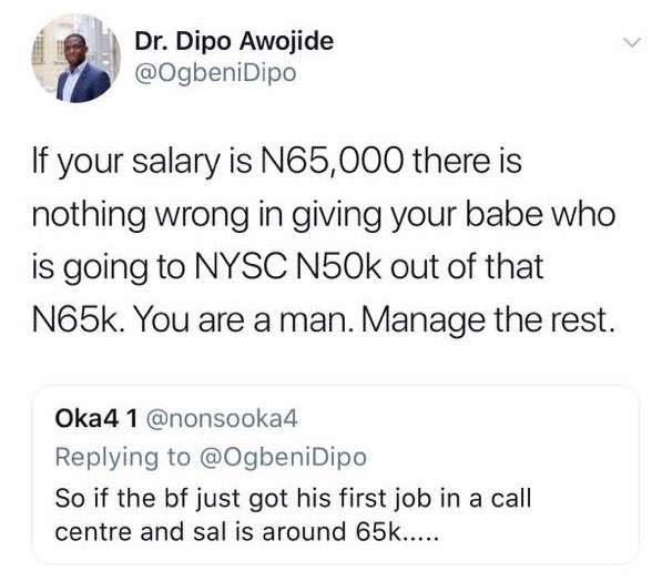 'If you earn N65,000 monthly, give your girlfriend N50,000 while you manage the rest' - Nigerian Guy