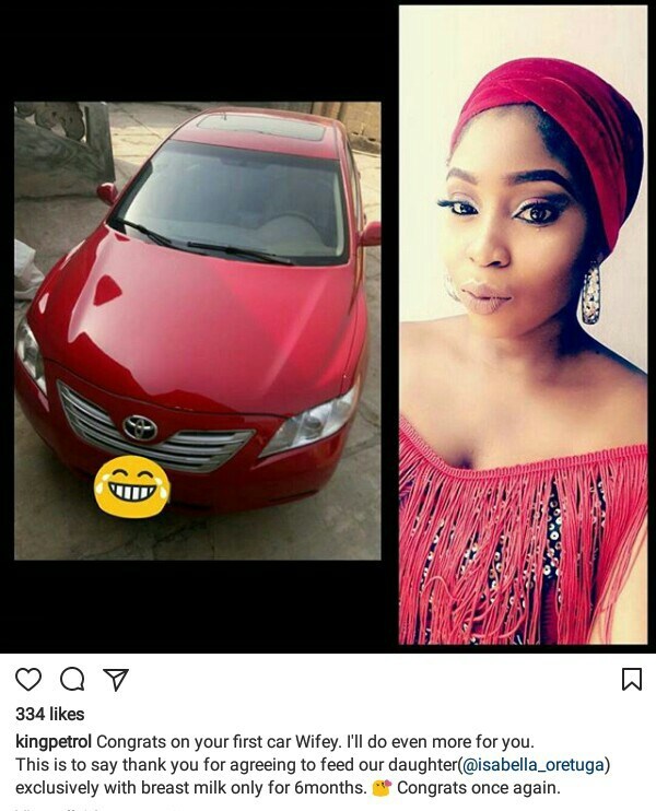 Nigerian man buys wife a brand new car for 'exclusively breastfeeding' their daughter for six months