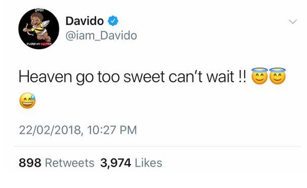 Heaven go too sweet.. I can't wait - Davido