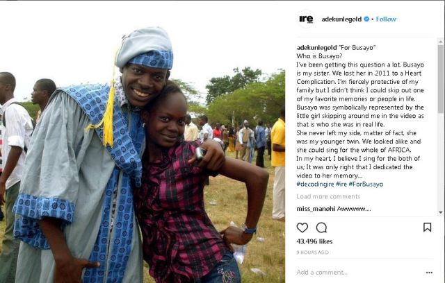 Adekunle Gold writes touching tribute as he shares throwback photo with his late sister