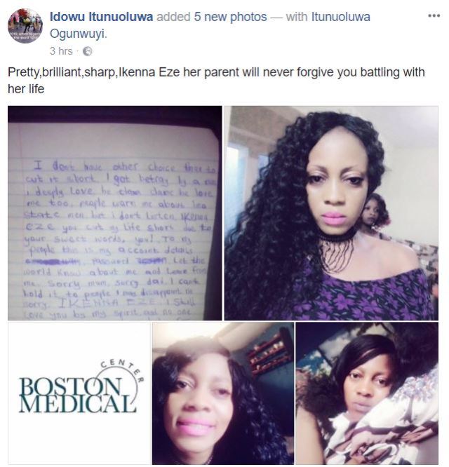 Nigerian Lady attempts suicide after her boyfriend broke up with her, leaves note
