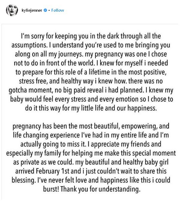 Kylie Jenner gives birth to a baby girl