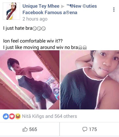 'I hate bras, I like moving around with no bra' - Nigerian Lady says on Facebook