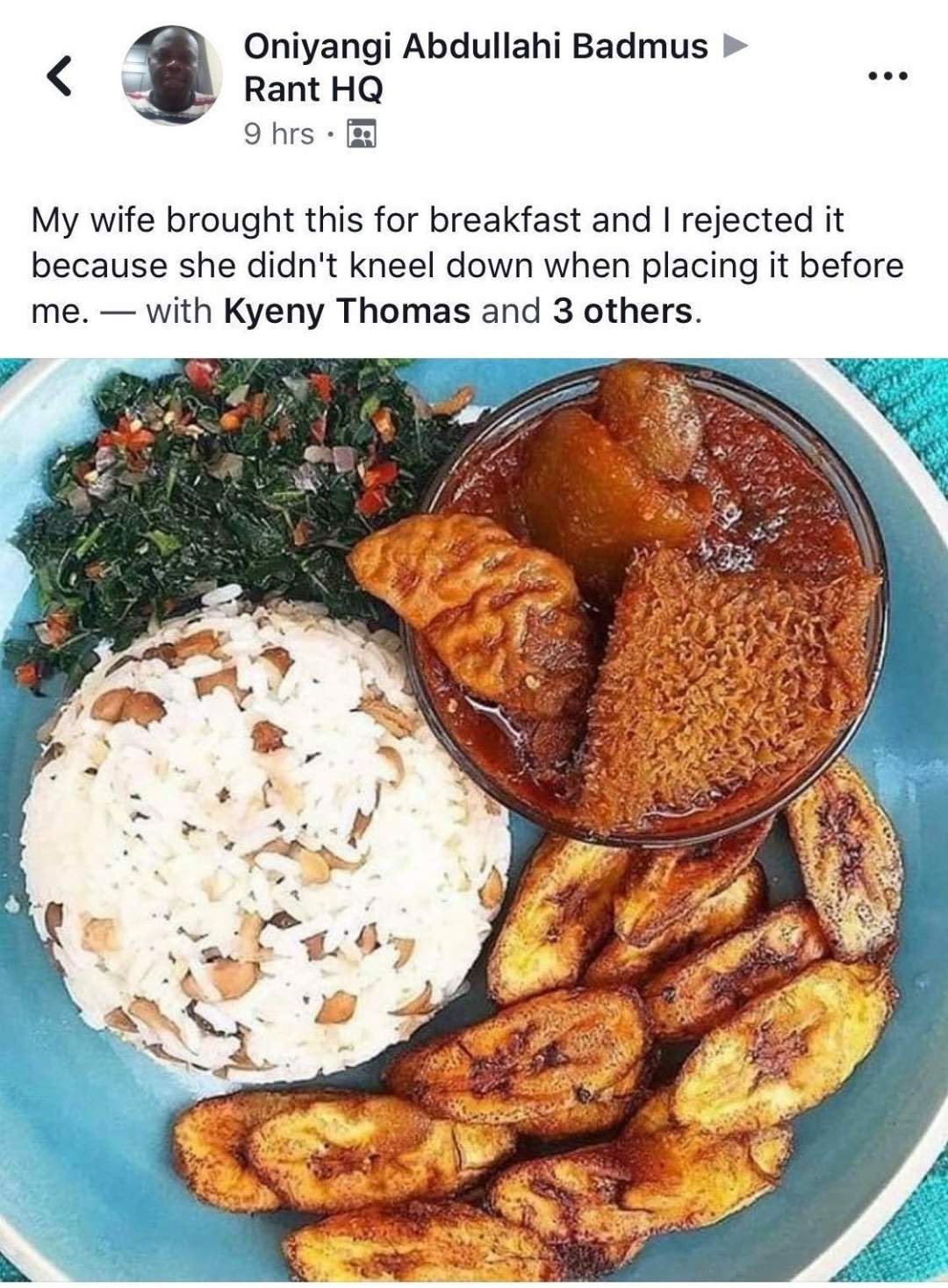 Nigerian man reveals why he rejected the meal his wife made for him