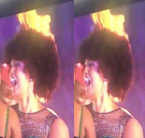 Shocking moment Miss Congo's wig caught fire after being crowned Miss Africa 2018 in Calabar (Video)