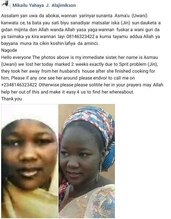 Nigerian man declares his sister missing; says she was taken away by 'spirits' from her husband's house
