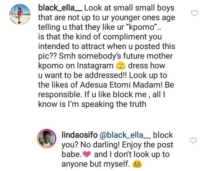 Linda Osifo replies follower who condemned her dressing and asked her to look up to Adesua Etomi