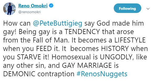 'Homosexuality is ungodly and gay marriage is a demonic contraption' - Reno Omokri