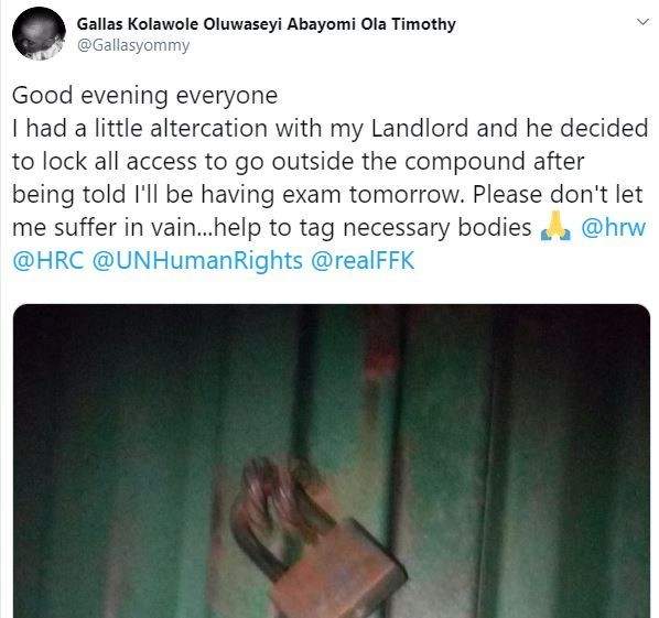 'I can't write my exam today' - Nigerian Student cries out after his landlord locked him at home (Video)