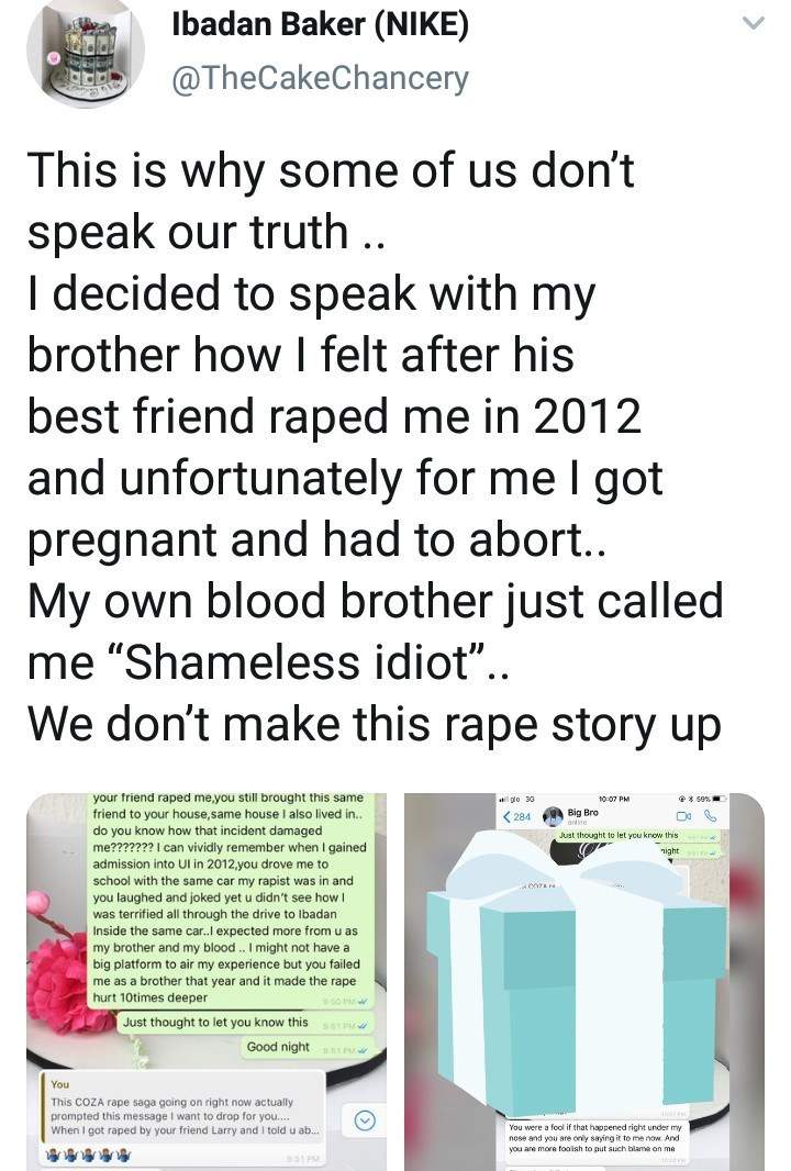 Lady shares the shocking thing her older brother said on Whatsapp after she was raped and impregnated by his friend.