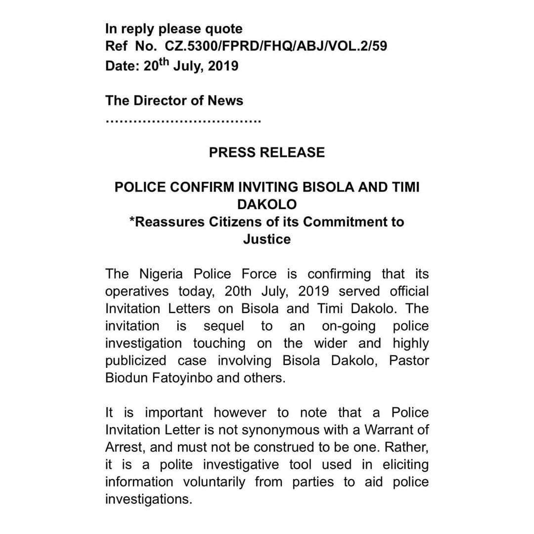 Police confirm inviting Timi and Busola Dakolo