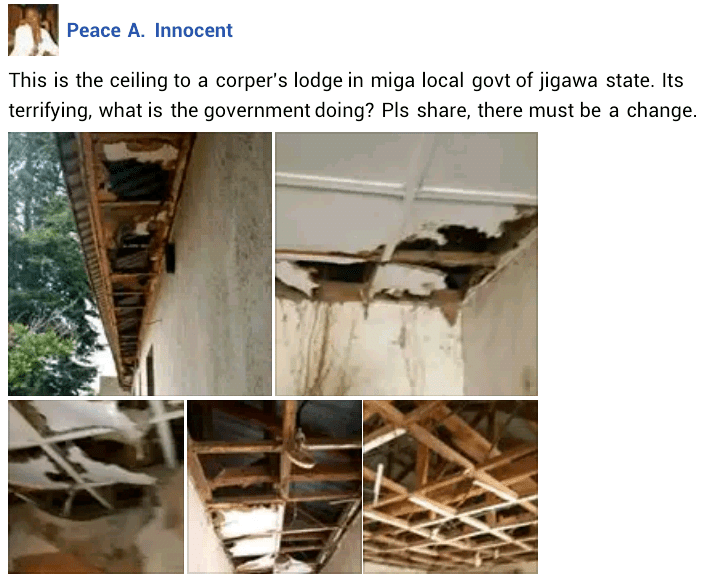 Corps member shares the terrible state of the ceilings at Corper's Lodge in Jigawa state (Photos)