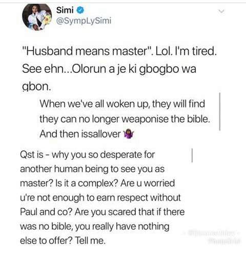 'You are weaponizing the Bible' - Simi reacts to Pastor Chris Oyakhilome's 'husband means master' comment