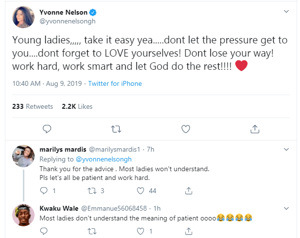 'Young ladies take it easy, don't let the pressure get to you' - Yvonne Nelson advises