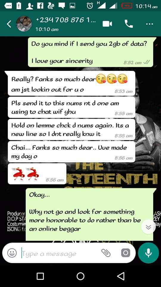 Young Nigerian guy shares chat with slay queen who shamed his hustle and at the same tried to benefit from it (Screenshots)