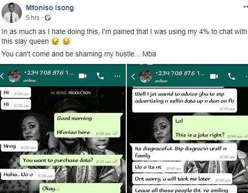 Young Nigerian guy shares chat with slay queen who shamed his hustle and at the same tried to benefit from it (Screenshots)