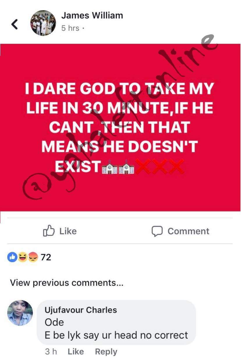 Nigerian man publicly dares God to take his life to prove His existence