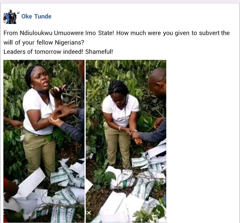 #NigeriaDecides : Female Corps member allegedly caught in the bush destroying ballot papers in Imo