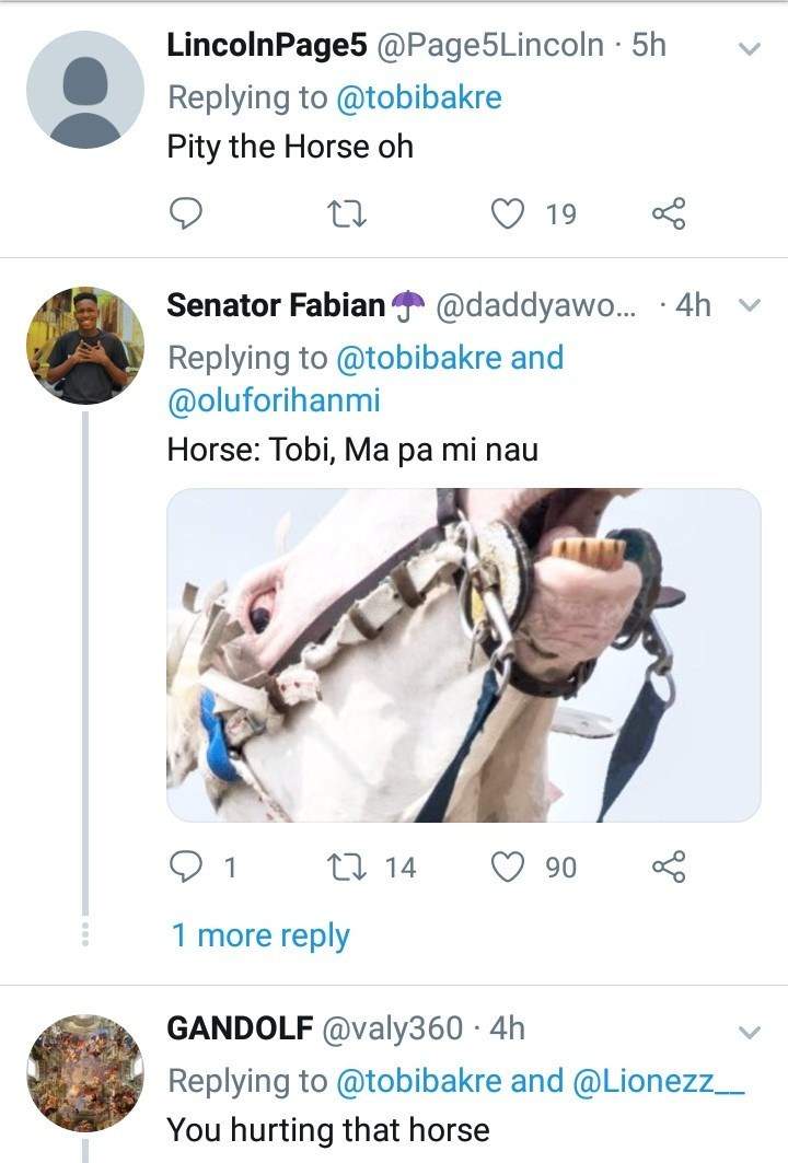 BBNaija's Tobi Bakre accused of animal cruelty after he held a horse's neck too tight during photoshoot